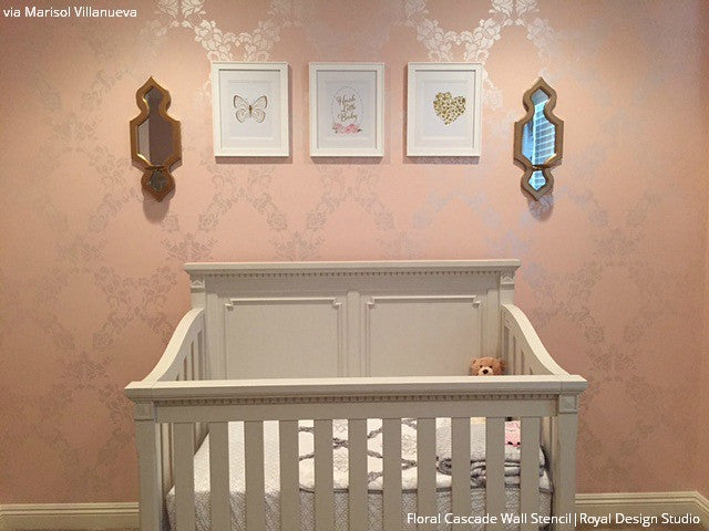 Cute Pink Baby Girl Nursery with Large Flower Wallpaper Wall Stencils - Royal Design Studio