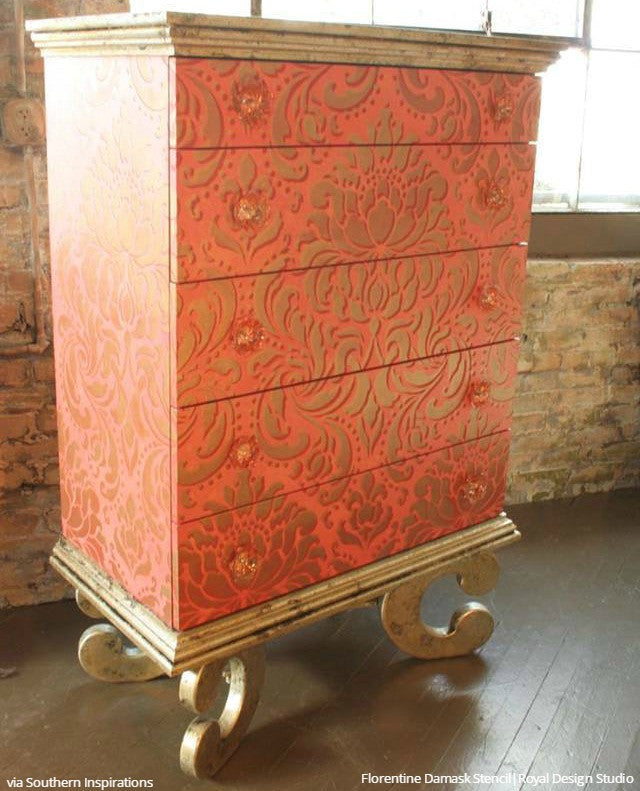 Vintage Retro Large Furniture Stencils Damask Pattern Dresser Drawers - Royal Design Studio