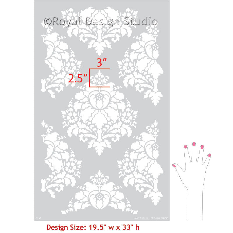 French Damask Patterns for Painting Accent Wall, Floors, and Ceilings - Aveline Floral Damask Wall Stencils - Royal Design Studio