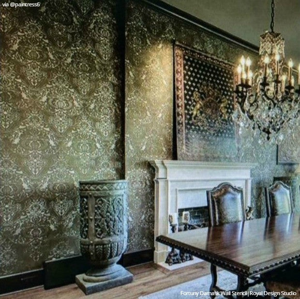 Classic Fortuny Damask Design Large Wall Stencils for Painting Accent Wall - Royal Design Studio