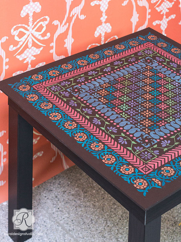 Paint and Stencil Table Tops with Border Stencils - Sari-inspired Indian Furniture Border Stencils by Royal Design Studio Stencils
