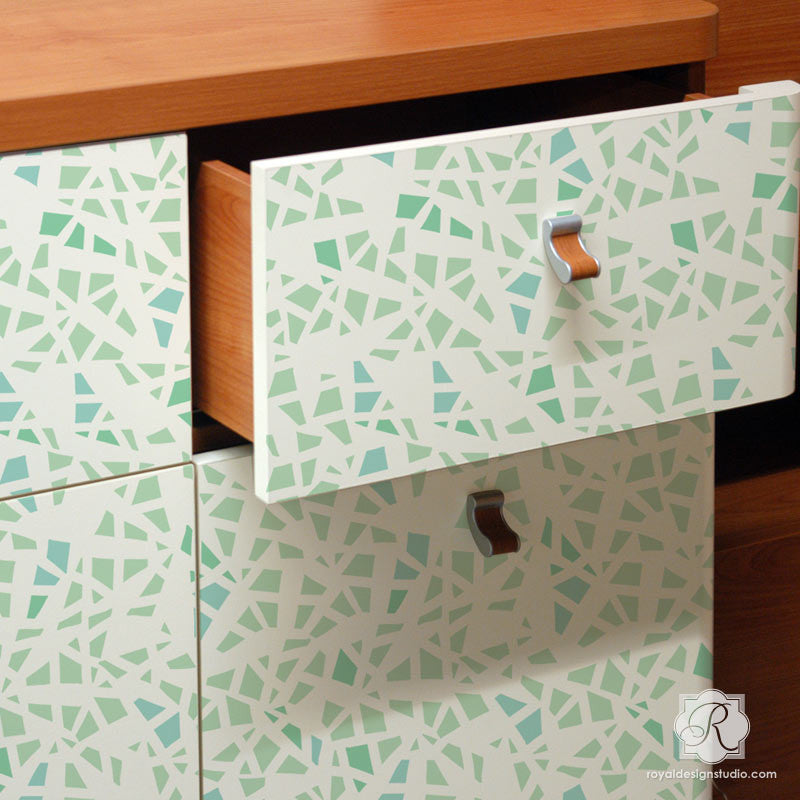 Shattered Glass Pattern Painted on Dresser Drawers - Painted Furniture Stencils with Modern Geometric Shapes - Royal Design Studio