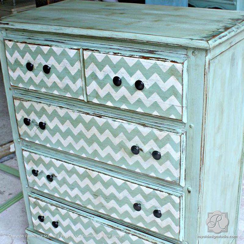 DIY Furniture Makeover using Classic Chevron Stripe Stencils - Royal Design Studio