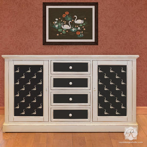 DIY Furniture Makeover - Stenciling Dresser Drawers for Kids Room with Bird Stencils - Royal Design Studio