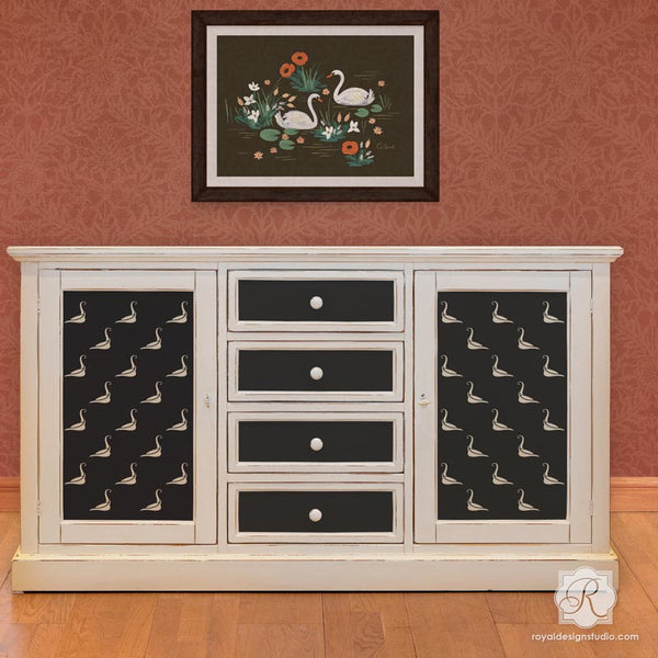 DIY Furniture Makeover - Stenciling Dresser Drawers for Kids Room with Bird Stencils - Royal Design Studio