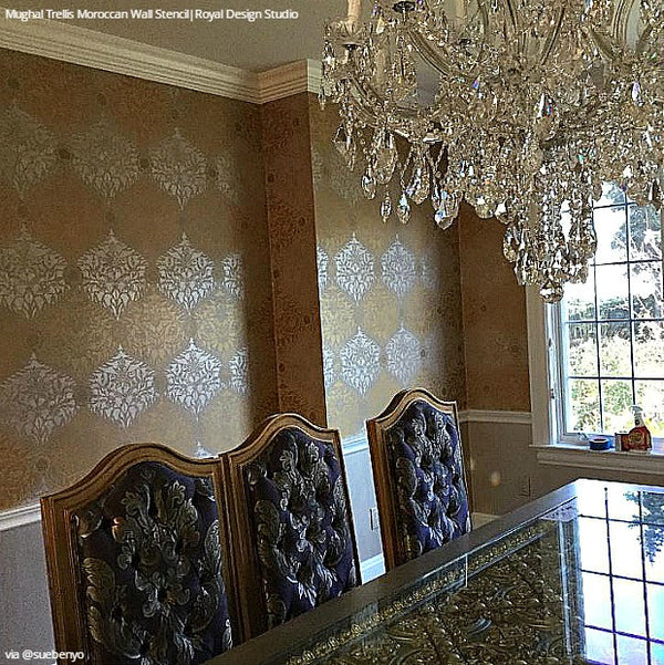 Elegant Classic Wallpaper Painted on Accent Wall Stencils - Royal Design Studio