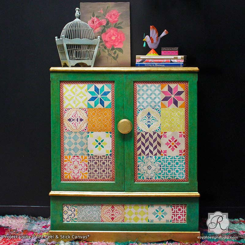 Paint Peel and Stick Canvas on Painted Boho Cabinet - Removable Canvas for Stenciled Decor Projects - Royal Design Studio