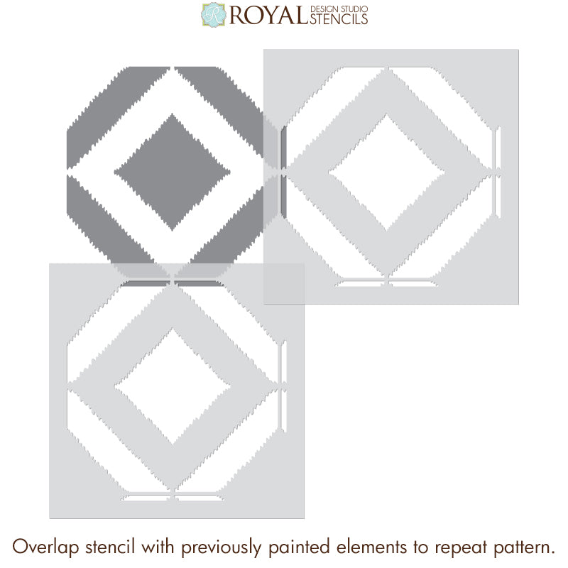 Modern Ikat Pattern Floor Tile Stencils - Black and White Bohemian Stencils - DIY Floor Decor Pattern - Royal Design Studio