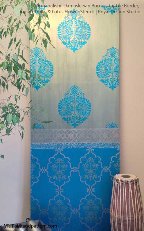 Indian Annapakshi Bird Damask Wall Stencil by Royal Design Studio Stencils