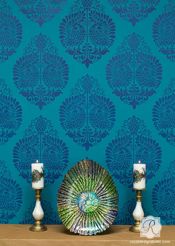 Blue Designer Wallpaper Look with DIY Wall Painting Stencils for Exotic Home Decor - Indian Damask Annapakshi Allover Stencil by Royal Design Studio Stencils