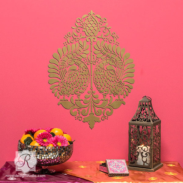 Paint Accents Walls in Bold Colors for Exotic Wall Decor - Indian Annapakshi Bird Damask Wall Stencil by Royal Design Studio Stencils