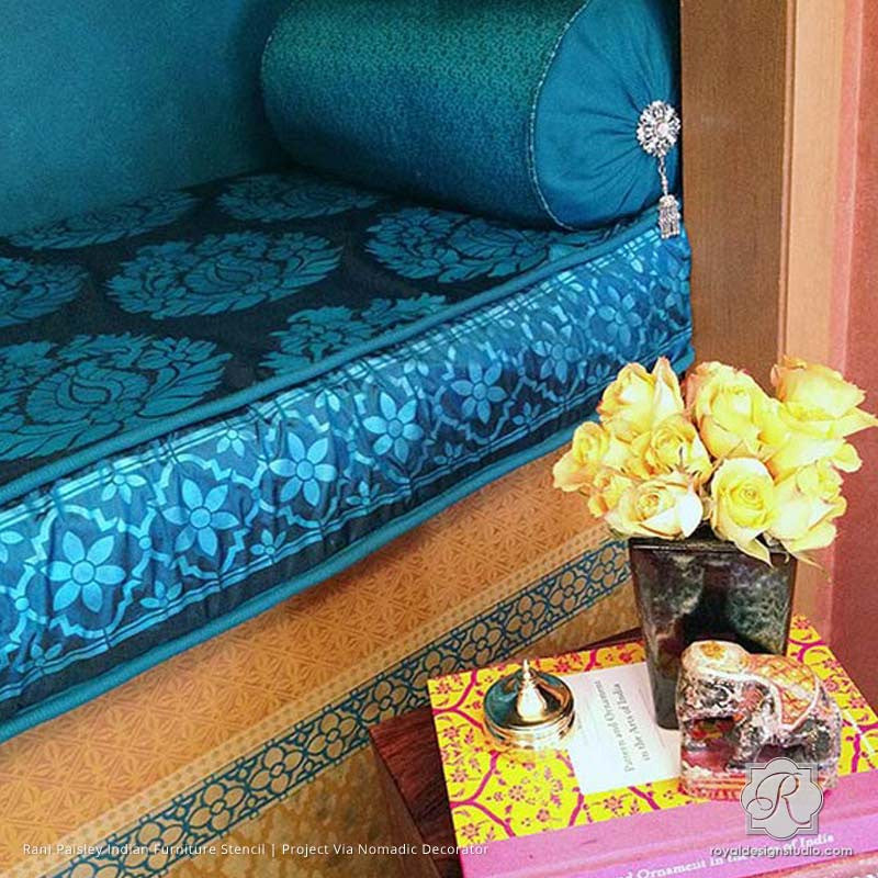 Colorful DIY Decor Painted with Rani Paisley Indian Furniture and Fabric Stencils - Royal Design Studio