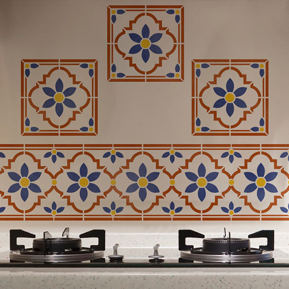 DIY Kitchen Backsplash Design with Faux Tile Stencils - Indian Floral Tile Motif by Royal Design Studio Stencils