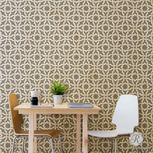 Painting Large Geometric Texture Designs on Dining Room Accent Wall - Woven Star Moroccan Wall Stencils