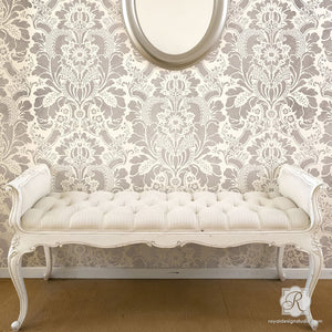 Painting Accent Wall with Classic Victorian Wallpaper Look - Lisabetta Damask Wall Stencils - Royal Design Studio