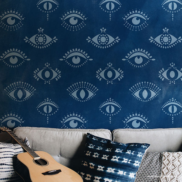 Protective Eyes Wallpaper Wall Design - Evil Eye Moroccan Stencil - All Seeing Eye Wall  Stencil - Bohemian Decor Stencils - Royal Design Studio
