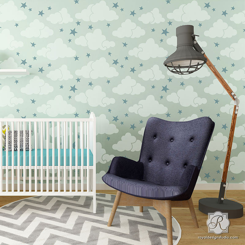 Painted Clouds and Stars in Cute Nursery - Modern Wall Stencils - Royal Design Studio