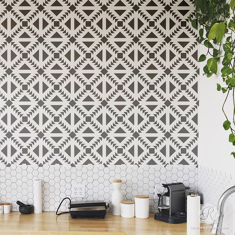 Black and White Kitchen Design and DIY Backsplash with Concrete Quilt Tile Stencils - Royal Design Studio