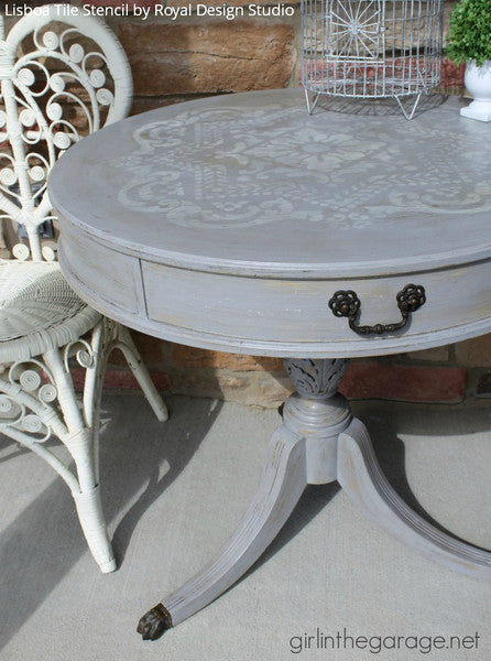 Vintage Boho Gray and White Chalk Paint Painted Furniture Table Top with Lisboa Tile Stencils - Royal Design Studio