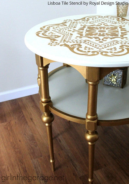 Designer Glam Metallic Gold and White Chalk Paint Painted Furniture Table Top with Lisboa Tile Stencils - Royal Design Studio