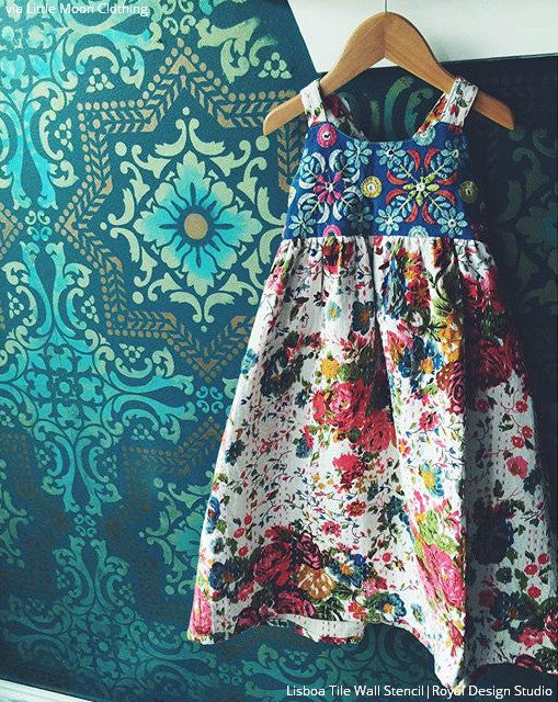 Boho Chic Colorful Wallpaper Designs - Lisboa Tile Wall Stencils for Painting Accent Wall - Royal Design Stuio
