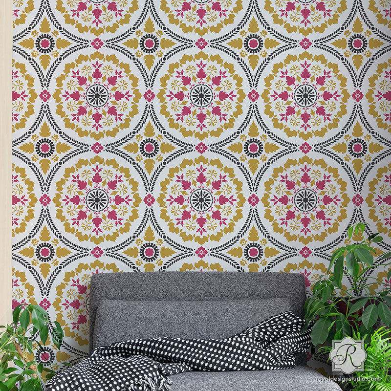 Painting Large Moroccan Patterns on Wall Mural - Mandala Fusion Tile Stencil - Royal Design Studio