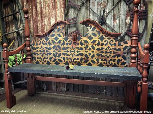 Painted Wood Furniture with Stenciled Pattern - Mansion House Grille Trellis Furniture Stencils - Royal Design Studio