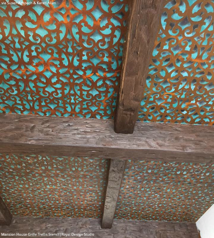 Painting Metal Trellis Carved Wood Patterns on Ceiling - Mansion House Grille Trellis Wall Stencils - Royal Design Studio