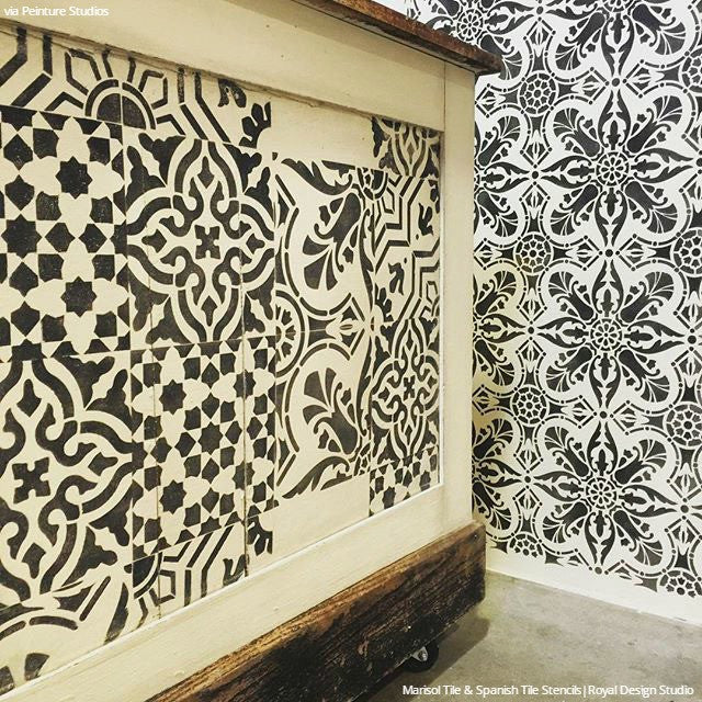 Black and White DIY Faux Tile Spanish Decor Stencils - Royal Design Studio
