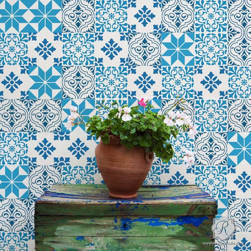 Painting Colorful Designs on Wall Decor with Mediterranean Tile Stencils - Royal Design Studio