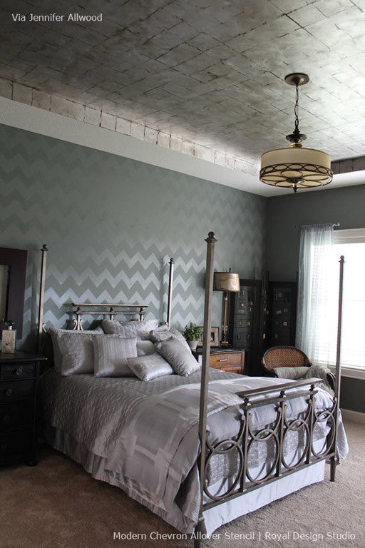 Elegant Bedroom Makeover using Modern and Classic Patterns for Painting Walls - Chevron Wall Stencils - Royal Design Studio