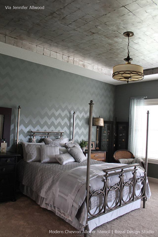 Elegant Bedroom Makeover using Modern Stencil Chevron Lines Allover Stencil 