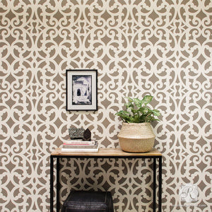 Painting Metal Trellis Patterns on Accent Wall - Mansion House Grille Trellis Wall Stencils - Royal Design Studio