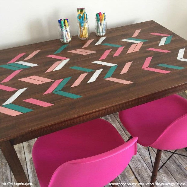 Chalk Paint Painted Reclaimed Wood Table Furniture Herringbone Stencils - Royal Design Studio