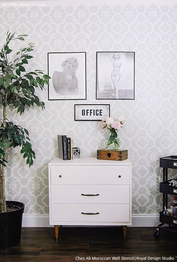 Trendy DIY Office Makeover - Metallic Silver Wallpaper Wall Stencils - Royal Design Studio