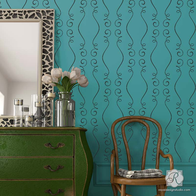 Large Designer Wallpaper Wall Stencils with French Ribbon Pattern - Gigi Scroll Modern Wall Stencils - Royal Design Studio