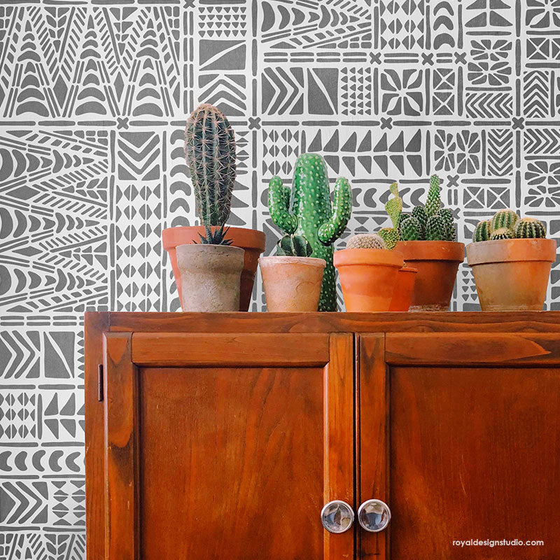 Tribal Wall Mural - African Mud Cloth Wall Pattern - Large Geometric Wall Stencils for Painting - Royal Design Studio Stencils