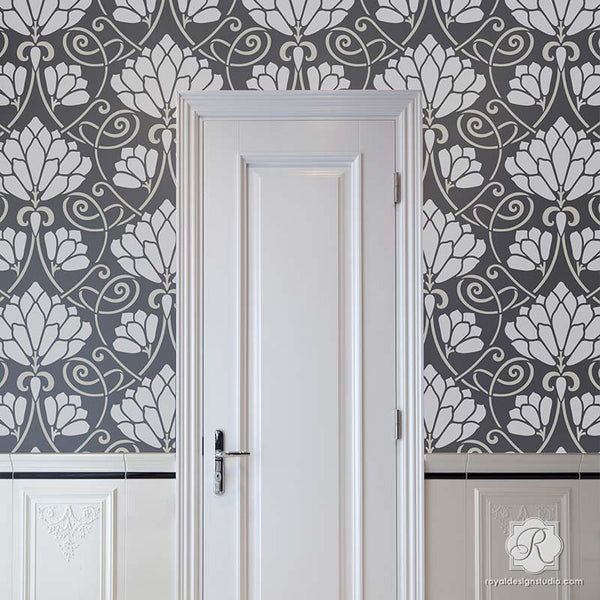 Silver and Gray Modern Metallic Flower Wallpaper Stencils - Lotus Paradise Floral Wall Stencils - Royal Design Studio