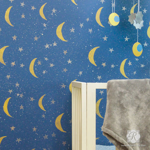 Moon and Stars Designs Painted onto Nursery Decor - Night Sky Wall Stencils - Royal Design Studio
