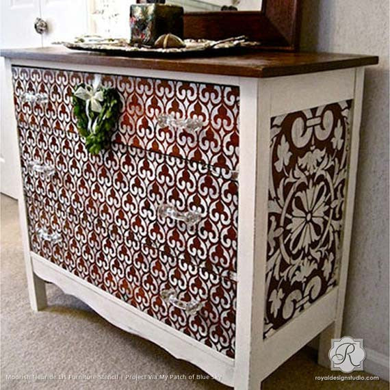 Decorating Wood Furniture Pieces with DIY Moroccan Pattern - Moorish Fleur De Lis Allover Furniture Stencil - Royal Design Studio