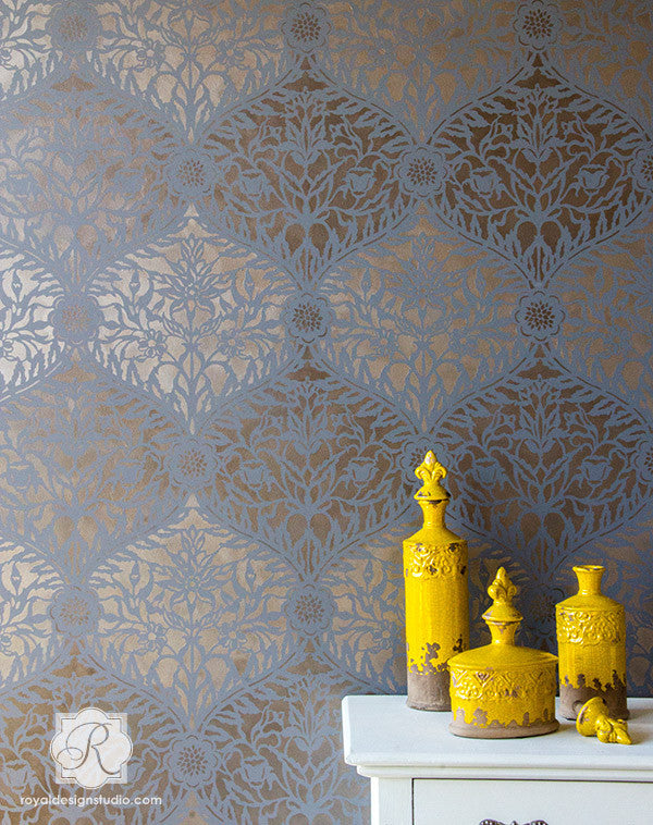 Elegant Metallic Painted Walls with Exotic Moroccan Designs - Royal Design Studio Stencils