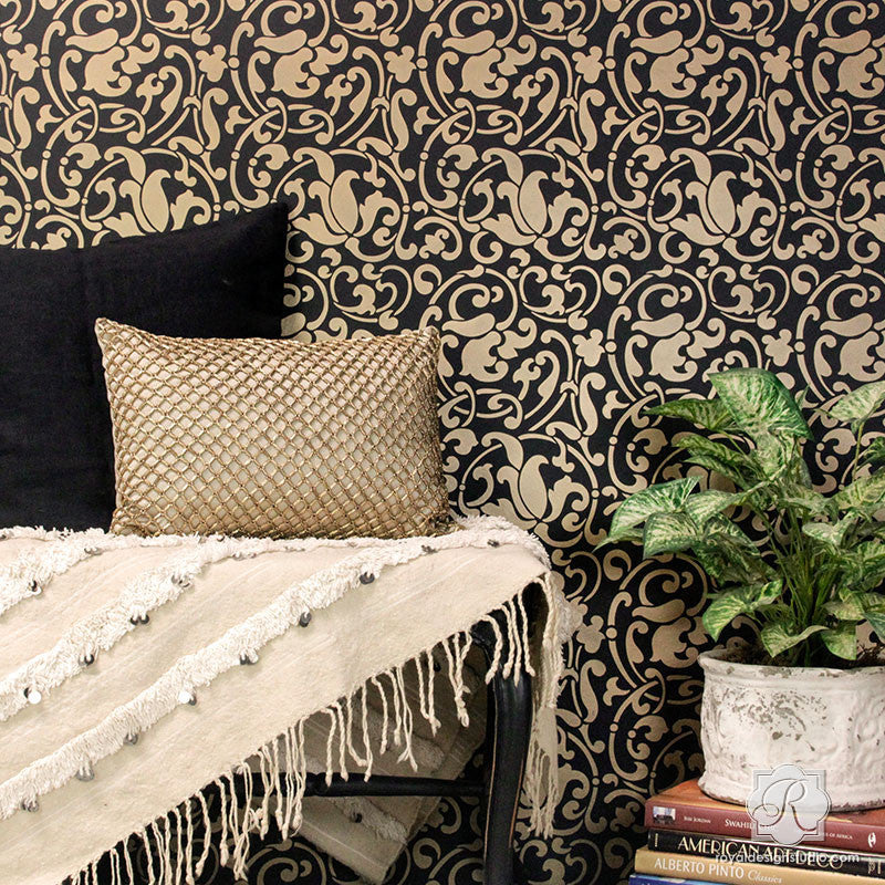 Black and Gold Modern Moroccan Design Wallpaper Wall Stencils - Royal Design Studio