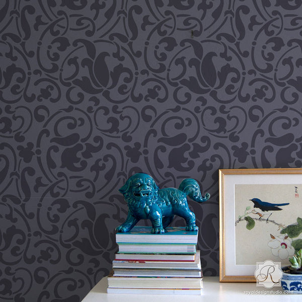 Large Exotic Patterns Painted on Accent Wall - Jameela Vine Moroccan Wall Stencils - Royal Design Studio