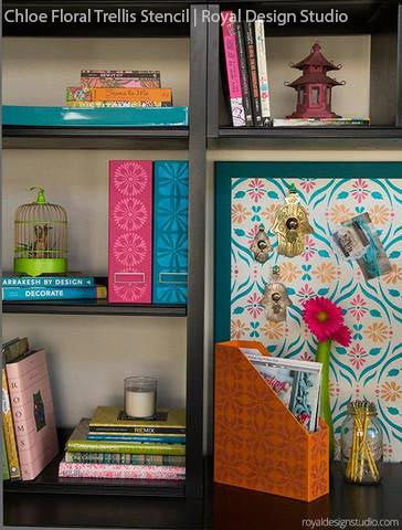 DIY Craft Projects for Office Decor - Allover Floral Trellis Furniture Stencils for DIY Flower Designs on Table Tops, Dresser Drawers, and Kitchen Backsplash - Royal Design Studio