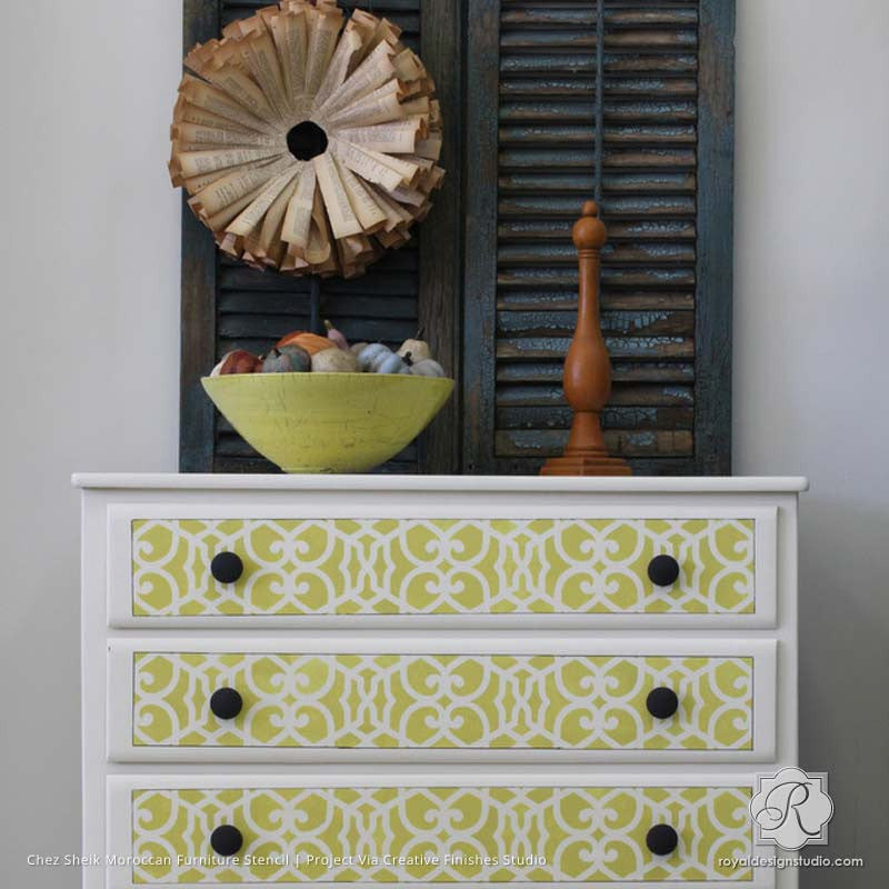 Chez Sheik Moroccan Stenciled Dresser Drawers - Royal Design Studio DIY Stencil Projects and Furniture Fix Ups