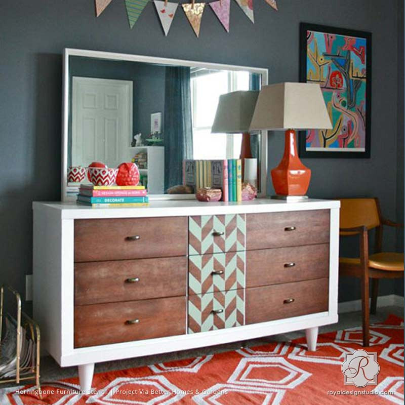 Painted Wood Dresser with Classic Modern Pattern - Herringbone Pattern Furniture Stencils - Royal Design Studio
