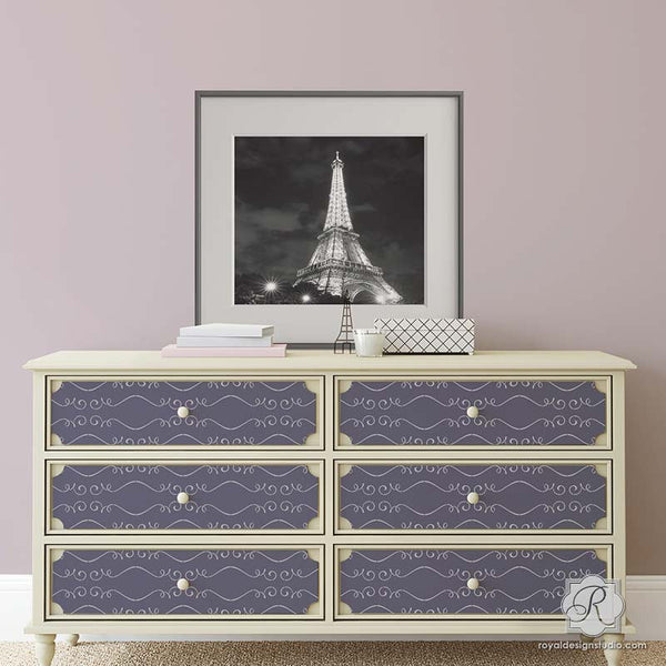 DIY Painted Furniture Project using Girly and Feminine Stencils - Gigi Scroll Modern Furniture Stencils - Royal Design Studio