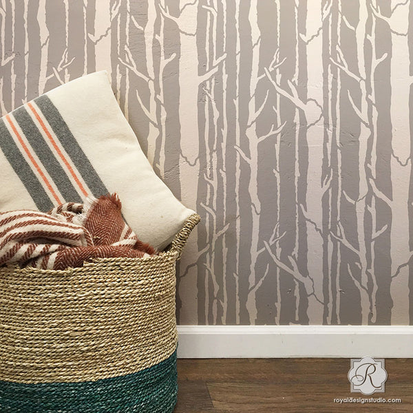 Contemporary Wall Art Stencils with Trees and Branches Wallpaper Pattern - Royal Design Studio