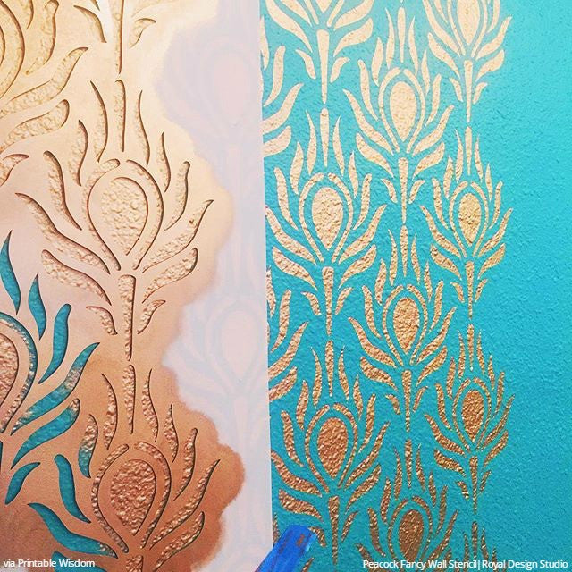 Metallic Gold and Teal Painted Peacock Feathers Wall Stencils - Modern DIY Wallpaper Pattern Stencils - Royal Design Studio