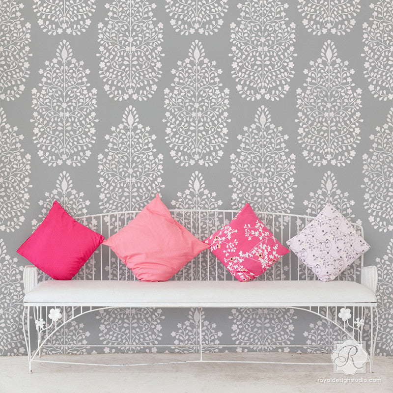 DIY Wallpaper Wall Art - Persian Flower Garden Allover Damask Wall Stencil - Royal Design Studio